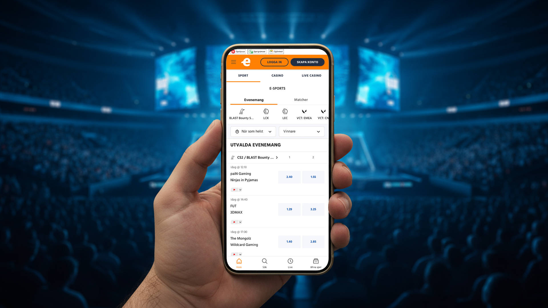 Esport odds som visas på en mobil med en esport arena i bakgrunden.