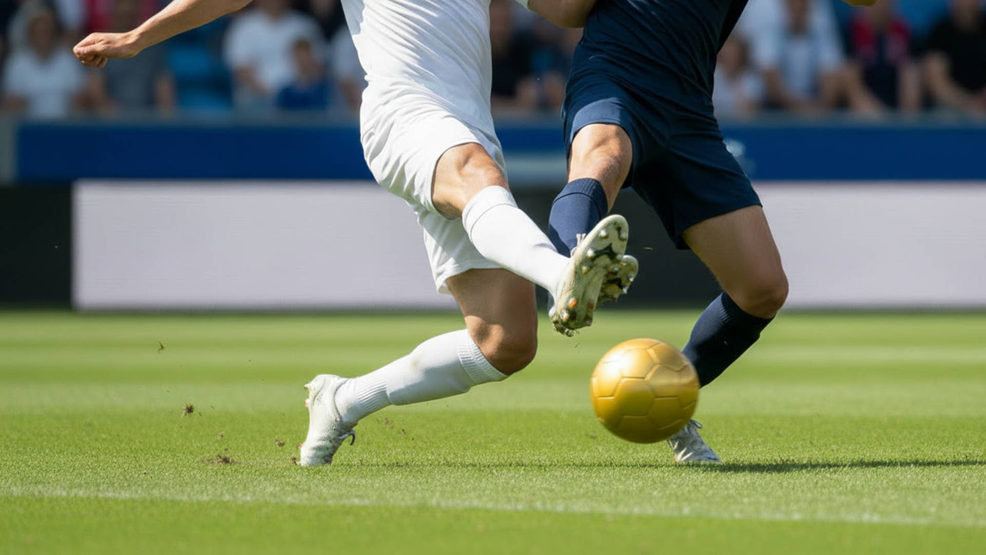 Två fotbollsspelare i matchställ som kämpar om en gy llene boll på en gräsplan.