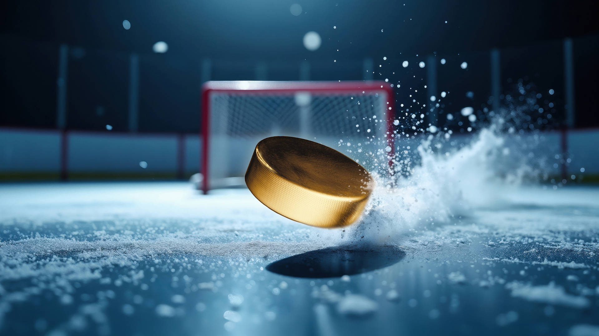 Ishockey arena med ett mål och en guldpuck.