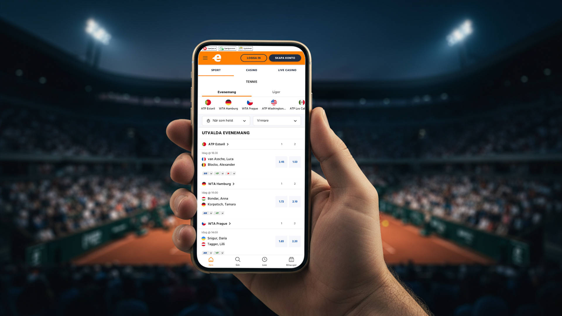 Tennis odds som visas på en mobil.