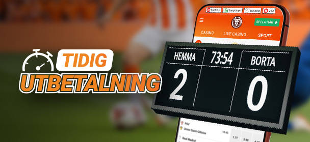 Tidig Utbetalning-kampanj med fotbollsmatchresultat på en mobiltelefonskärm.