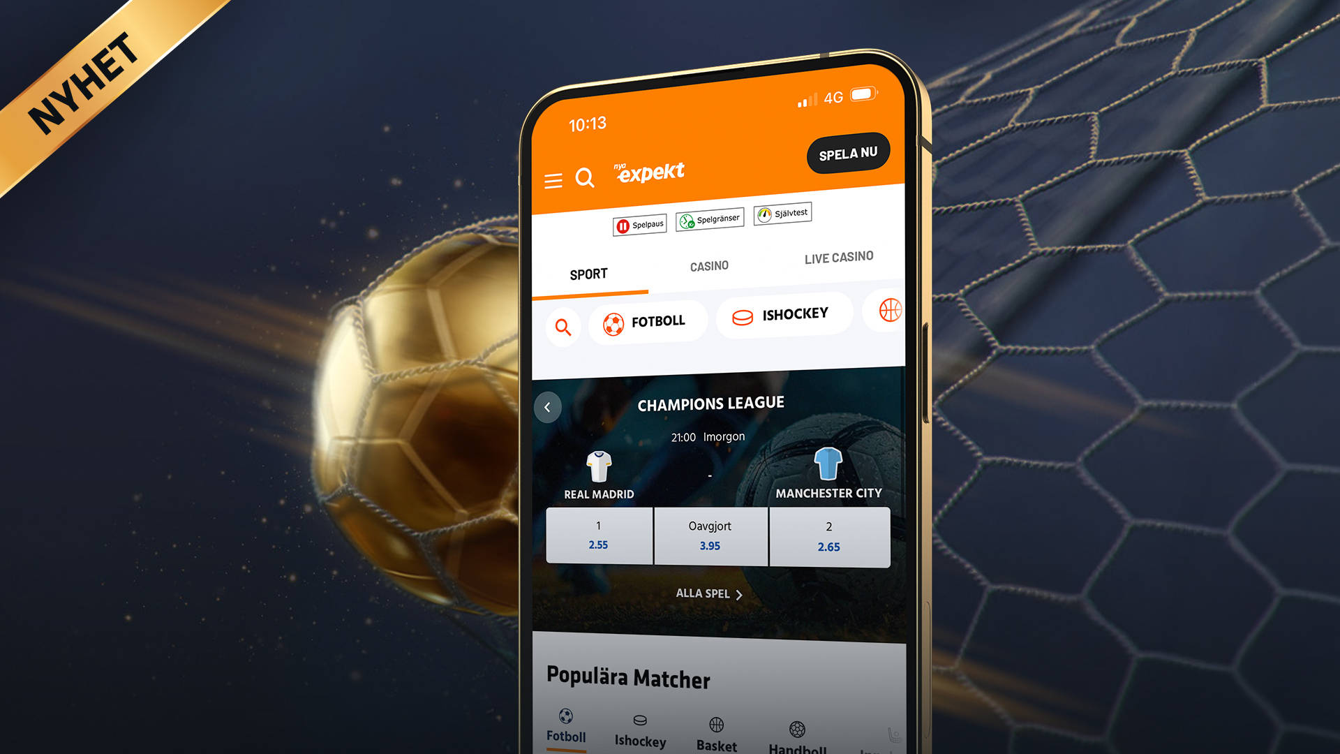 Mobilskärm visar sportapp med Sport Välkomstbonus, Champions League-odds och Populära kombinationer.