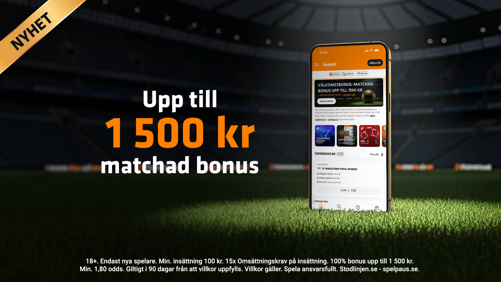 Mobilskärm visar sportapp med Sport Välkomstbonus, Champions League-odds och Populära kombinationer.